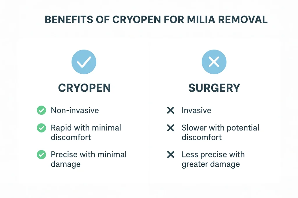 Benefits of cryopen for milia removal Custom House compared to surgical treatments.