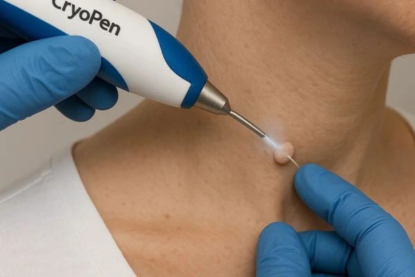 Person receiving cryotherapy Custom House for skin tag removal