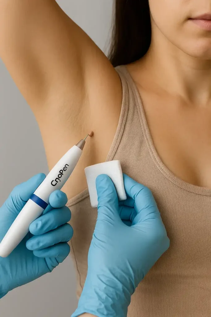 woman having cryopen to remove underarm skin tags Custom House