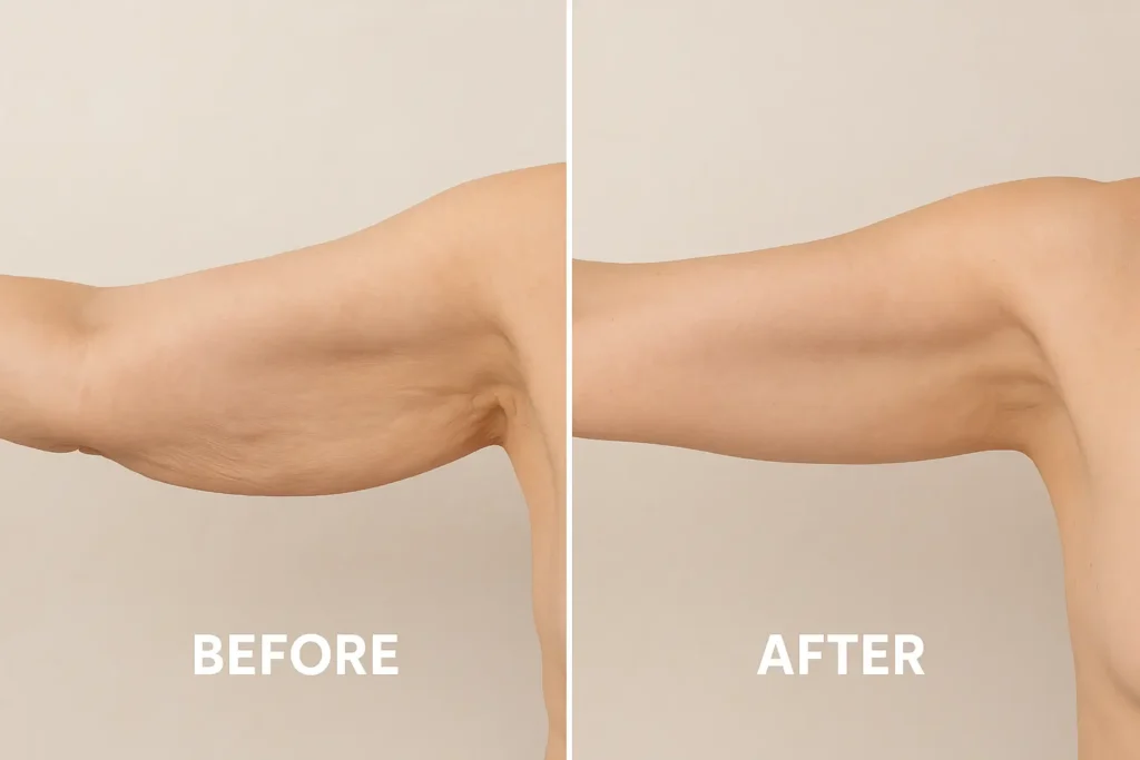 Picture of LA LIPO Custom House before and after results of skin tightening treatment on the upper arms.
