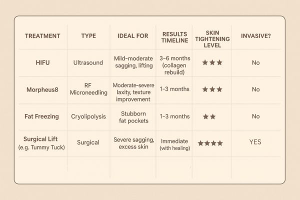 Table showing the comparisons of Skin tightening Custom House treatment options.